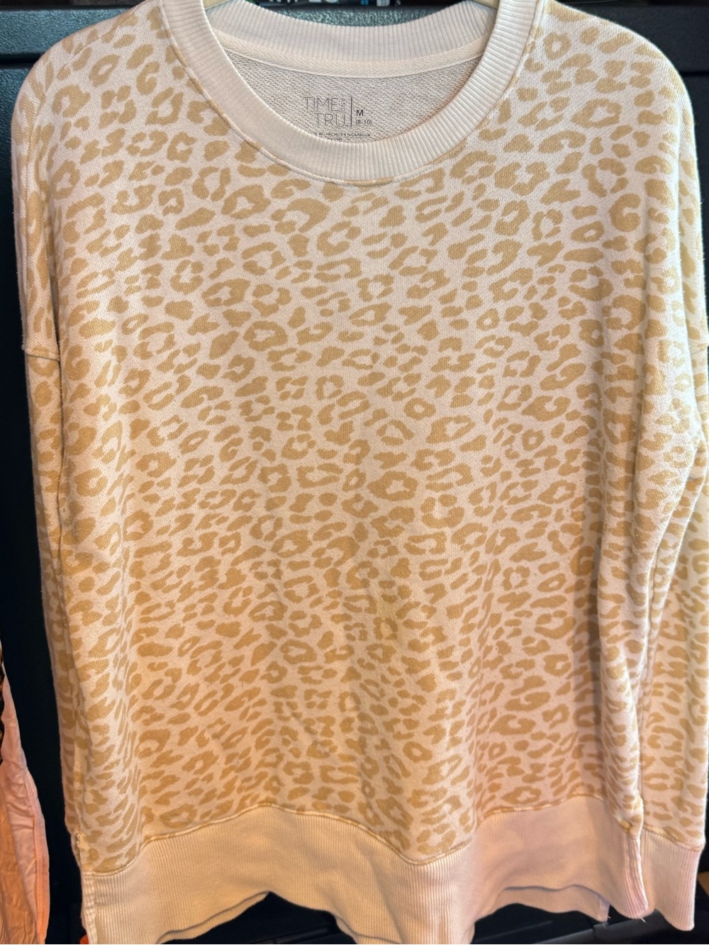 Time and Tru Cream and Tan Leopard Print Crewneck Sweater